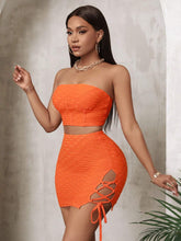 Tube Solid Color Summer Holiday Outfit, Tube Top & Belted Pencil Skirt Set